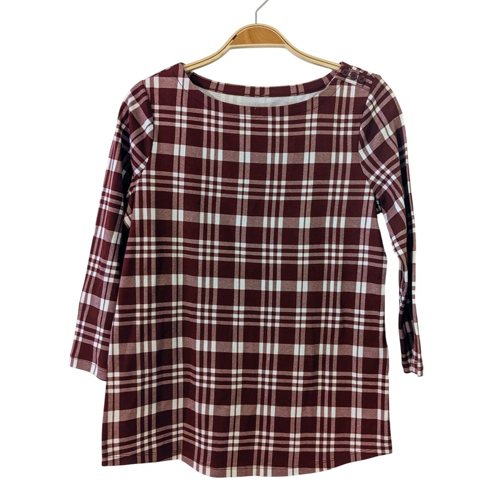 Charter Club Women Pima Cotton Plaid 3/4‎ Sleeve Cotton Top Wine Size Small NWT